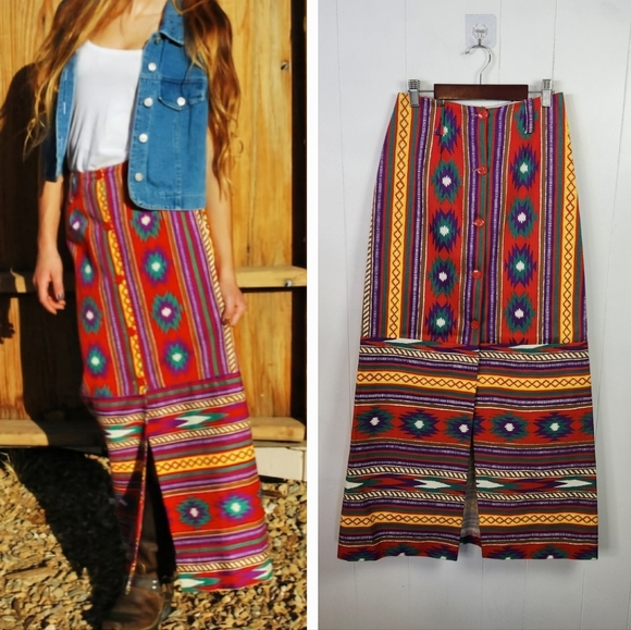 Vintage 1960s 1970s Southwestern Print Maxi Skirt High Rise Waisted Red Size XS - Picture 13 of 13